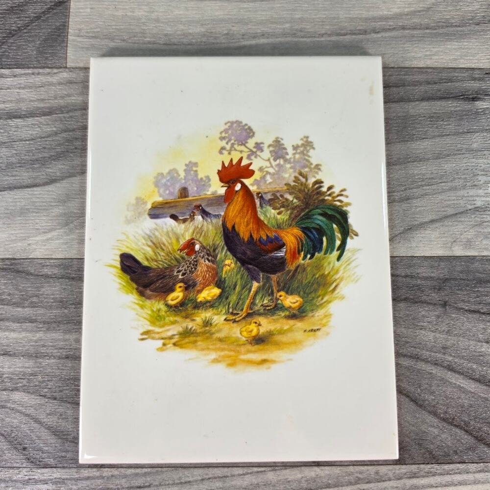 Vintage Grespania Spain Ceramic Art Tile Rooster Hen Signed Chicks H Arnot 8x6